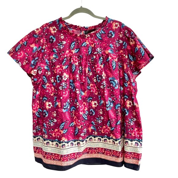Lane Bryant Tops - Lane Bryant Cotton Floral Popover Blouse Pink Ruffle Neck Short Sleeve Size 22